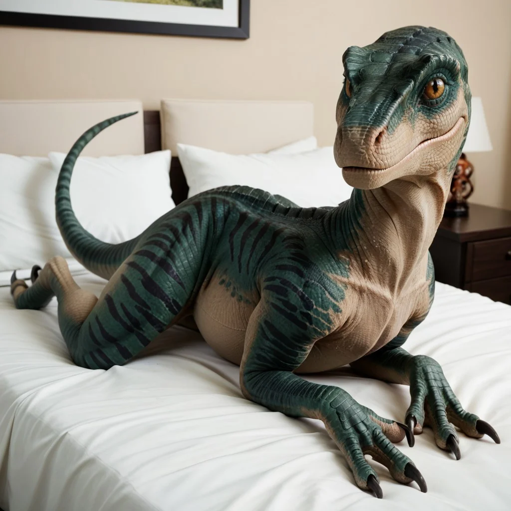 score_9, score_8_up, score_7_up, score_6_up, score_5_up, score_4_up, masterpiece, high quality, realistic, detailed, best quality, white bed, solo, rating_safe, source_furry, bedroom, smiling, seductive, (looking at viewer, lying on belly), detailed eyes, detailed face, dinosaur, raptor, scales, tail, claws, talons, Delta_jw, teal scales, black stripes, yellow sclera, slit pupils, female, 1girl
