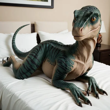 score_9, score_8_up, score_7_up, score_6_up, score_5_up, score_4_up, masterpiece, high quality, realistic, detailed, best quality, white bed, solo, rating_safe, source_furry, bedroom, smiling, seductive, (looking at viewer, lying on belly), detailed eyes, detailed face, dinosaur, raptor, scales, tail, claws, talons, Delta_jw, teal scales, black stripes, yellow sclera, slit pupils, female, 1girl