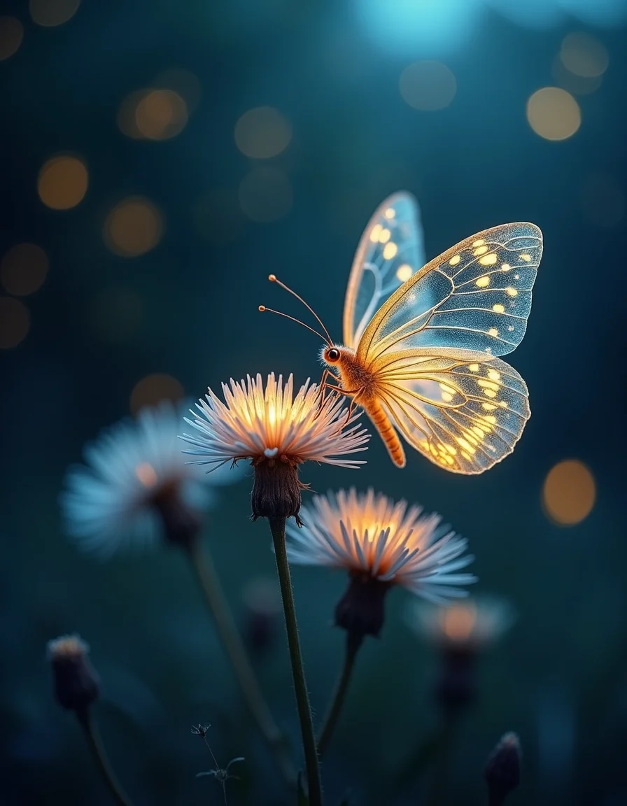 dreamy, magical photograph with a bokeh effect. Picture a transparent butterfly with glowing outlines and spots on its wings, perched on dandelion-like flowers that are also illuminated with a soft glow. The butterfly's wings are delicately veined and seem to be made of glass or crystal. The flowers have fluffy, white seed heads and thin stems. The background is a blurred dark blue night sky, filled with soft, out-of-focus golden lights, creating a bokeh effect. The lighting is soft, warm, and magical, making the butterfly and flowers appear to be gently glowing in the dark, ethereal, dreamy