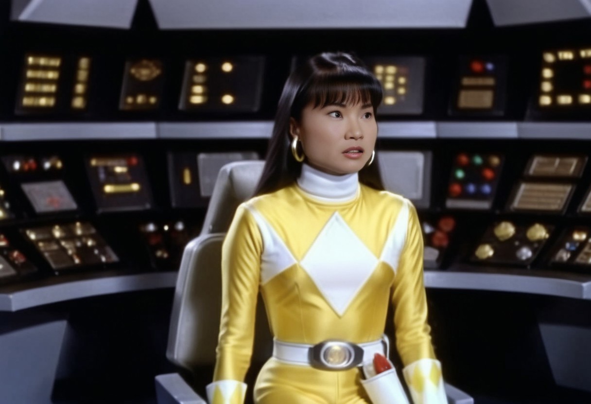bridge of spaceship Starship Enterprise 1967, Trini wearing yellow power ranger catsuit, alone, long straight hair tucked behind shoulders, bangs, helmetless, uniform, white turtleneck collar, white gloves belt, holstered weapon, large chunky steel hoop earrings, worried facial expression, sitting square-on, both arms very-outstretched, legs together, looking off-camera, in front of computer console on bridge of spaceship Starship Enterprise, Star Trek television series 1967, hyperdetailed photography