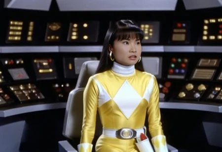 bridge of spaceship Starship Enterprise 1967, Trini wearing yellow power ranger catsuit, alone, long straight hair tucked behind shoulders, bangs, helmetless, uniform, white turtleneck collar, white gloves belt, holstered weapon, large chunky steel hoop earrings, worried facial expression, sitting square-on, both arms very-outstretched, legs together, looking off-camera, in front of computer console on bridge of spaceship Starship Enterprise, Star Trek television series 1967, hyperdetailed photography
