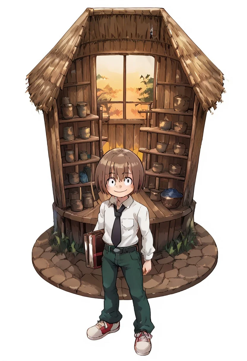 KamonStyle, anime-inspired art, vibrant and clean color palette, smooth shading, clean linework, detailed linework, isometric or dynamic perspective, expressive characters, attention to environmental details, storytelling-focused composition, full body of characters visible,
score_9, score_8_up, score_7_up, OyamadaManta, Male, Blonde hair, Straight hair, medium-length hair, Fair skin, Black pupils, white sclera, Happy expression, smiling, Rounded face, small nose, White shirt, black tie, dark green pants, red and white sneakers, Short, chibi style, Left arm resting by side holding a book, Right arm bent forward, Standing upright, Front-facing, full body, Full body, Plain white background, Cartoon illustration style, chibi proportions, oyamadamanta, 1boy, solo, solo, 1boy, male focus, necktie, brown hair,
