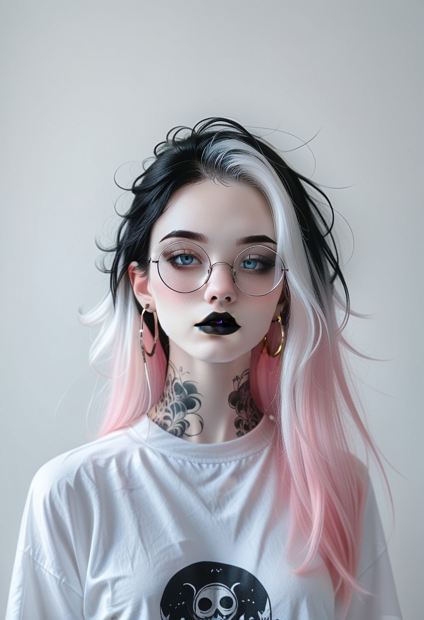 <'ctdrm':(
('dreamy'+'cinematic'+'soft lighting'+'realistic'+'ethereal mood'),
('portrait'+'closeup'+'solo'+'detailed'),
('simple white background'))>,
BREAK
<'1girl':(
('goth girl'+'pale skin'+'multicolor hair'+'long hair'+'black lipstick'+'blue eyes'+'light blush'),
('hoop earrings'+'detailed round glasses'),
('white tshirt'+'tattoos'+'black makeup'))>