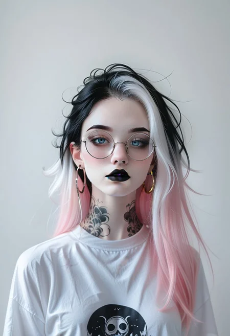 <'ctdrm':(
('dreamy'+'cinematic'+'soft lighting'+'realistic'+'ethereal mood'),
('portrait'+'closeup'+'solo'+'detailed'),
('simple white background'))>,
BREAK
<'1girl':(
('goth girl'+'pale skin'+'multicolor hair'+'long hair'+'black lipstick'+'blue eyes'+'light blush'),
('hoop earrings'+'detailed round glasses'),
('white tshirt'+'tattoos'+'black makeup'))>