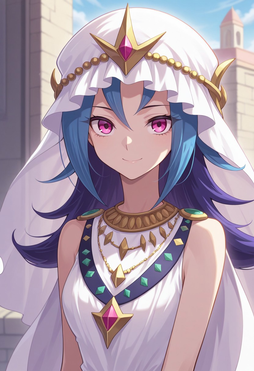 masterpiece,best quality,amazing quality, source_anime,
rioKamishi, 1girl, solo, pink eyes, multicolored hair, purple hair, blue hair, long hair, veil, dress, white dress, sleeveles, jewelry, necklace, portrait, smile,
outdoor,