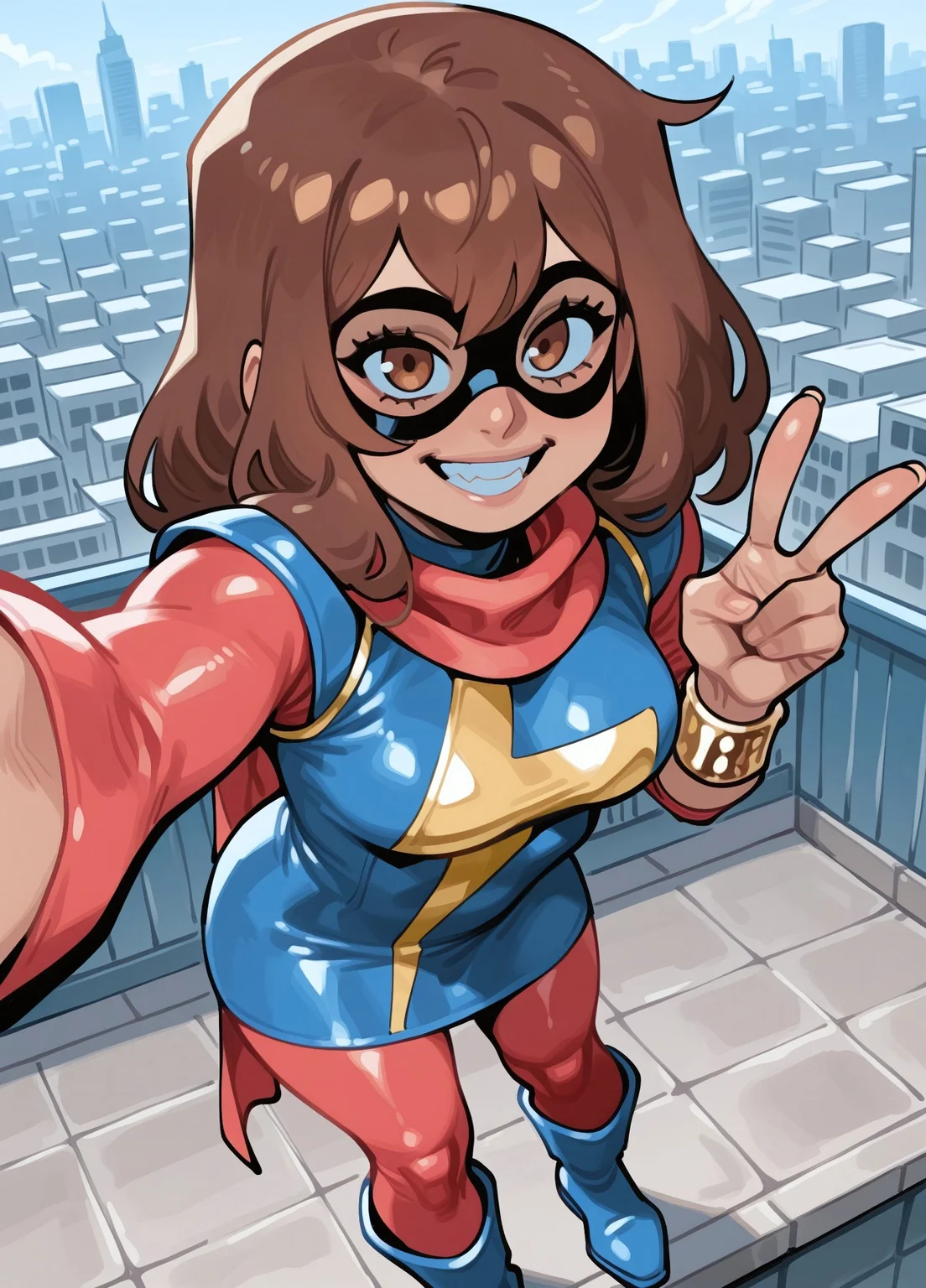 masterpiece, best quality, amazing quality, very aesthetic, absurdres, newest, detailed eyes, JJFrenchiestyle,
1girl, mmkamalakhan, brown hair, bangs, brown eyes, dark-skinned female, brown eyes, long hair, blue dress, sleeves, scarf, bracelet, domino mask, red pantyhose, blue boots, medium breasts,
smile, teeth, looking at viewer, v, selfie, view from above, close up,
New York city, rooftop, detailed background,,