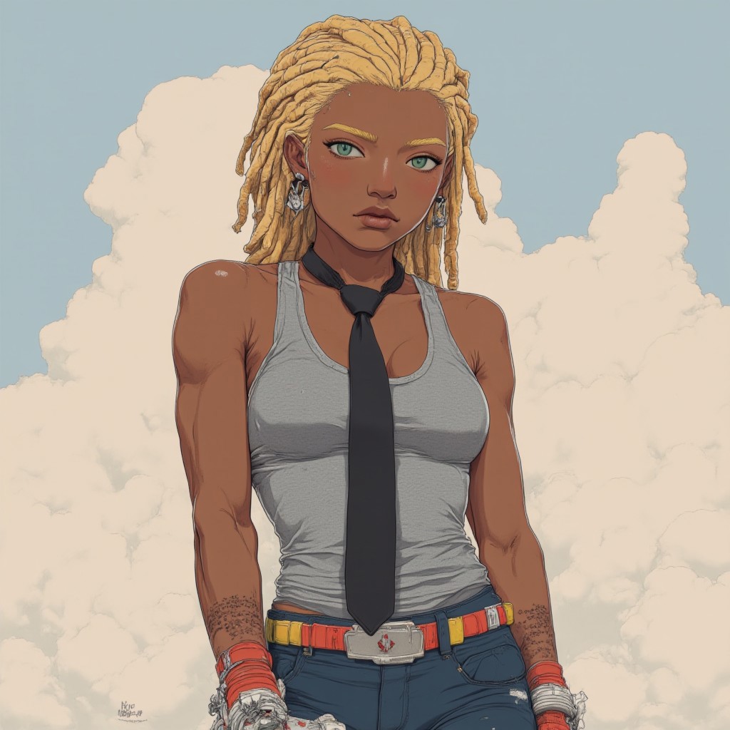 1girl, dreadlocks, blonde hair, dark-skinned female, green eyes, brown lips, grey tank top, black necktie, jeans,multiple bracelets,upper body