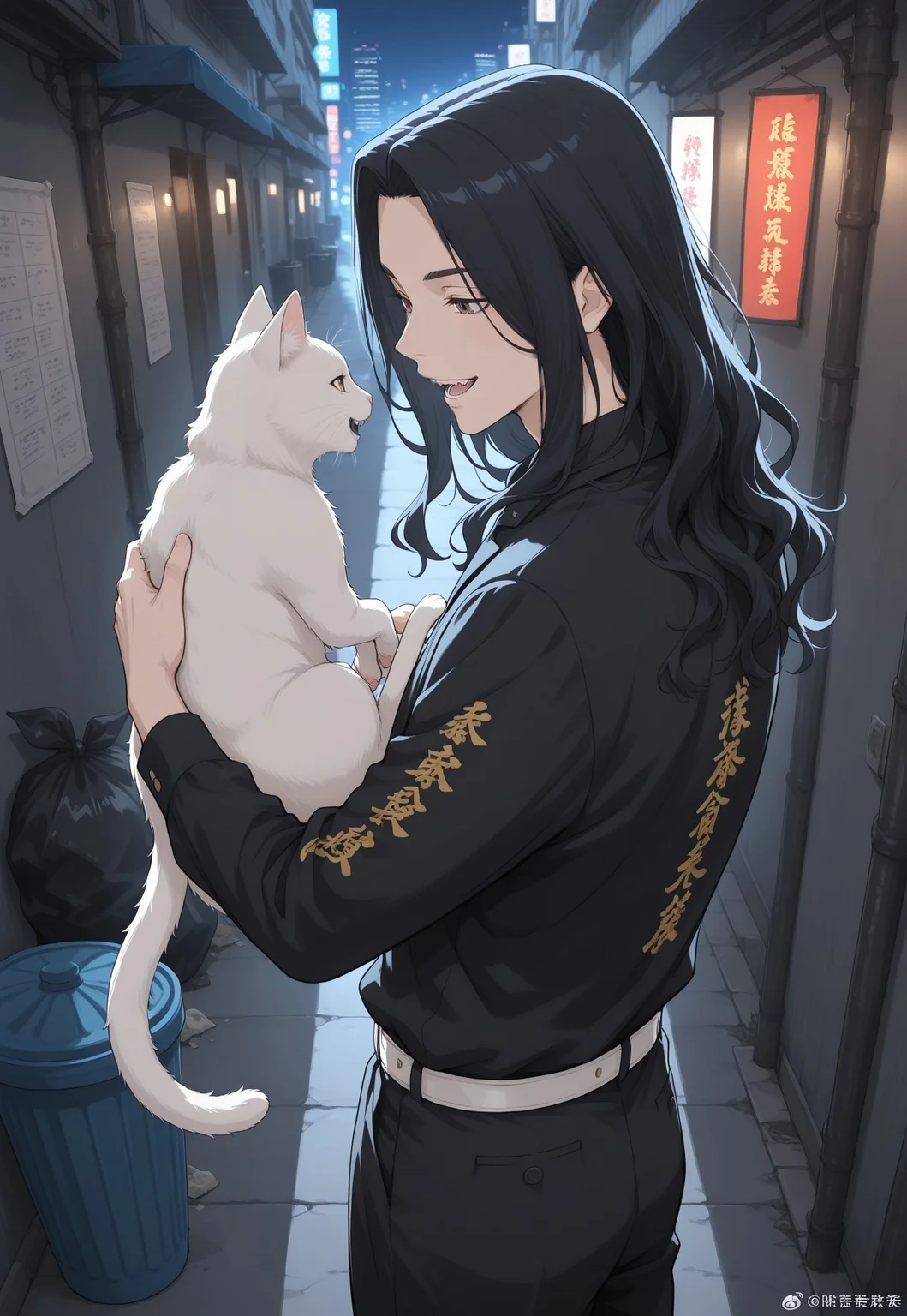 masterpiece, best quality, newest, absurdres, very aesthetic, highres, perspective, TRbaji, 1boy, male focus, black hair, long hair, curtained hair, wavy hair, back brown eyes, black collared shirt, long sleeves, kanji, white belt, black pants, cowboy shot, looking at animal, cat, holding animal, smile, tokyo, city, city light, night, alley, on trash can, trash bags, open mouth, teeth, fangs, 