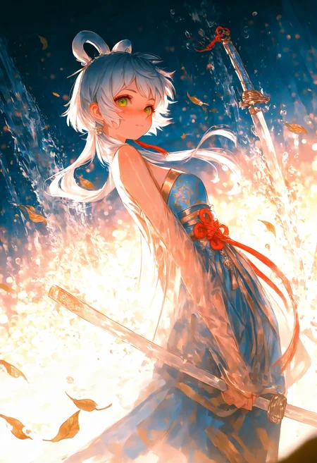 masterpiece, best quality, newest, absurdres,
luo_tianyi,
1girl,shiny skin,blush,holding sword,chinese sword,dynamic angle,(hanfu:1.1),chinese clothes,transparent clothes,tassel,chinese knot,bare shoulders,kanzashi,draped silk,gold trim,wind,bokeh,scattered leaves,flying splashes,waterfall,splashed water, BREAK looking at viewer,face focus,from side,sunrise, ray tracing,dynamic lighting,refined rendering,depth of field,ambience sense,detailed light,extremely light,beautiful detailed lighting,perfect lighting,best shadow,detailed shadow, <lora:ponyv4_noob1_2_adamW-000017:0.7000000000000001> <lora:USNR_STYLE_XL_lokr:1>
