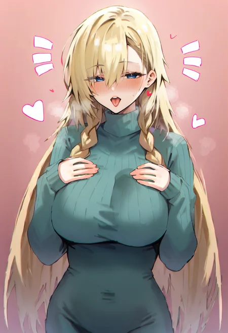 score_9, score_7_up,  1girl, 
big breasts, shawl, sweater, braid, open mouth, pink background, teeth, tongue, hair between eyes, eyes visible through hair, long hair, ribbed sweater, looking at viewer, pink shawl, sweater dress, alternate hairstyle, heart, solo, turtleneck sweater, very long hair, sidelocks, blue eyes, breasts, dress, blonde hair, long sleeves, twin braids, turtleneck, eyelashes, blush, sleeves past wrists, hands on own breasts, alternate costume, standing, grey dress, medium breasts
 <lora:horn_wood-Style-PonyXL-Dora-000046:1>