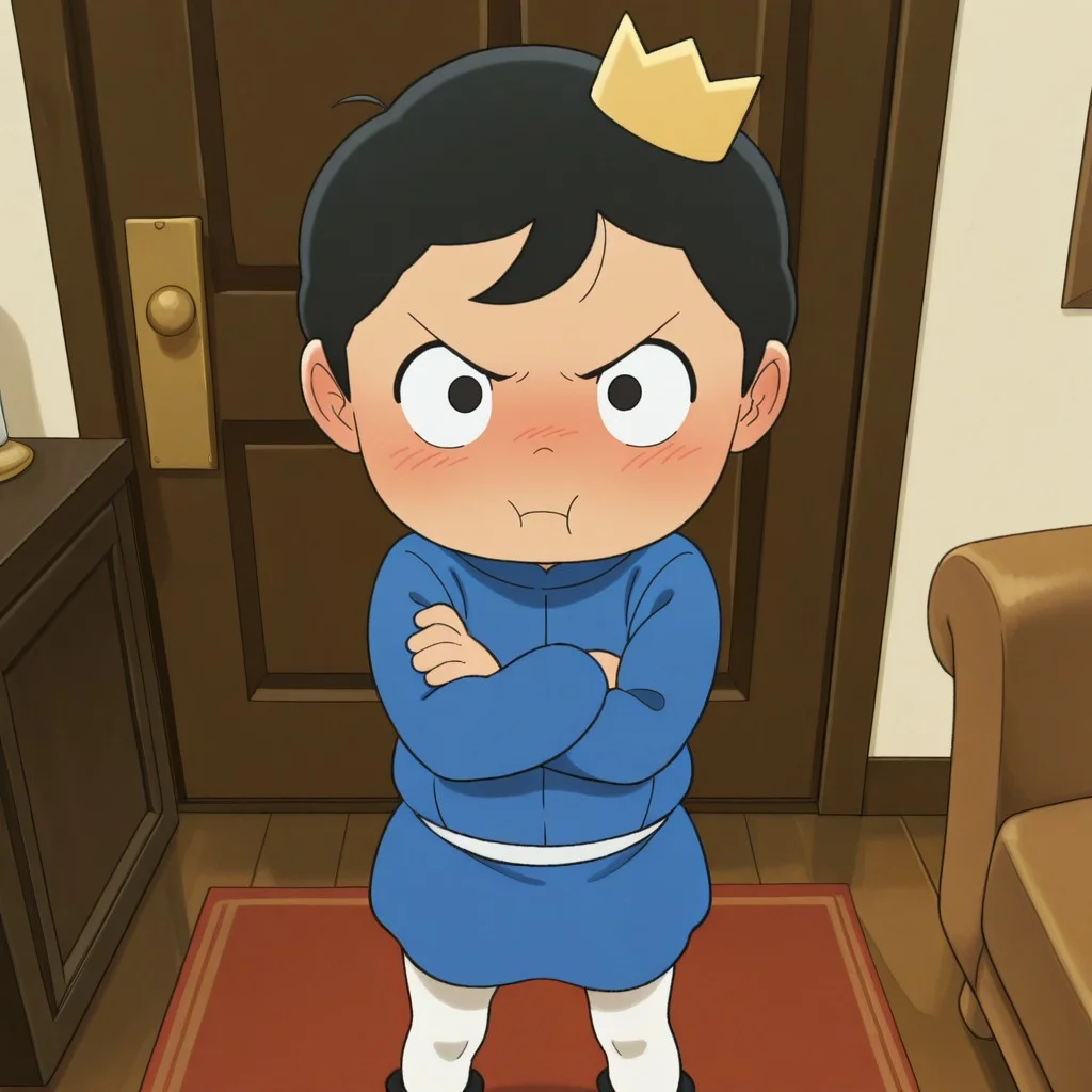 masterpiece, best quality, amazing quality, official artstyle, b0jj1, male, solo, solo focus, human, young, black hair, short hair, black eyes, blush stickers, short, crown, blue doublet, white belt, white leggings, black shoes, standing, crossed arms, pout, looking at viewer, indoors, living room