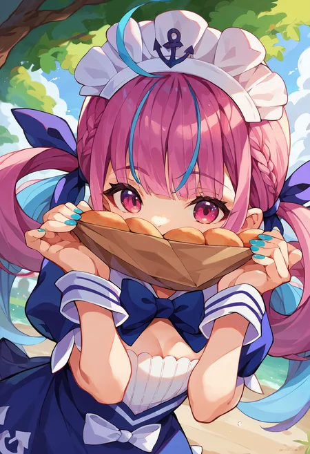 score_9, score_8_up, score_7_up, uncensored, source_anime, 1girl, <lora:spminatoAquaXLPony:1> aqua1st, hair ribbon, maid headdress, blue dress, frilled dress, puffy short sleeves, blue bow, anchor symbol, wrist cuffs, blue ribbon, maid, blue bowtie, frilled dress, blue nail polish, blue nails, dress bow, anchor print, day, food, outdoors, paper bag, roasted sweet potato