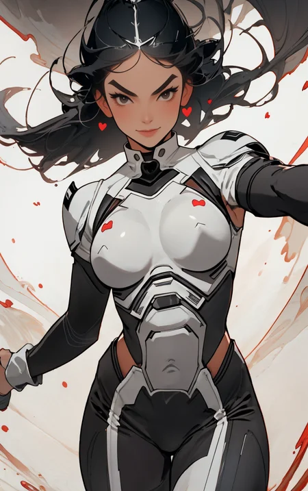 ((masterpiece, best quality)), solo, looking at viewer, amazon_woman whit black hair wearing spacesuit, long hair, "Eyebrow raise with a smirk", "Shag hairstyle" hair, "Hands forming a heart shape" pose , skin tight, depth of field, light particles,
<lora:GoodHands-beta2:1>,
<lora:BrazilianWomanAmazon_V1.0:1>,
<lora:muscle_slider_v1:2>,
<lora:weight_slider_v2:-1>,
<lora:hair_length_slider_v1:1>,
<lora:spacesuitV1.0:0.7>,
<lora:wuxia2:1>