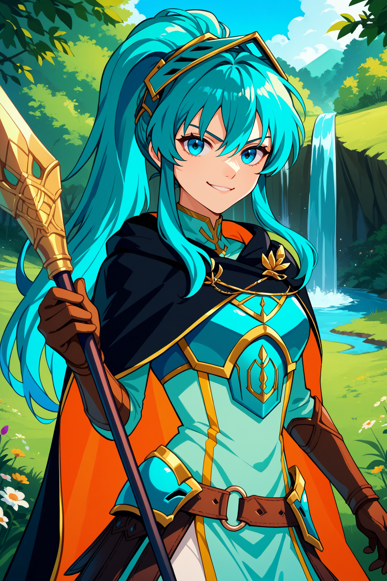 score_9, score_8_up, score_7_up, score_6_up, source_anime, 1girl, solo  <lora:braveeirika-pdxl-nvwls-v1-000005:1> brvEir, cyan hair, high ponytail, hair between eyes, armored visor, cyan armor, red and black cape, breastplate, cyan dress, belt, brown gloves, cyan greaves, smirk, waterfall, field, forest, looking at you, holding spear