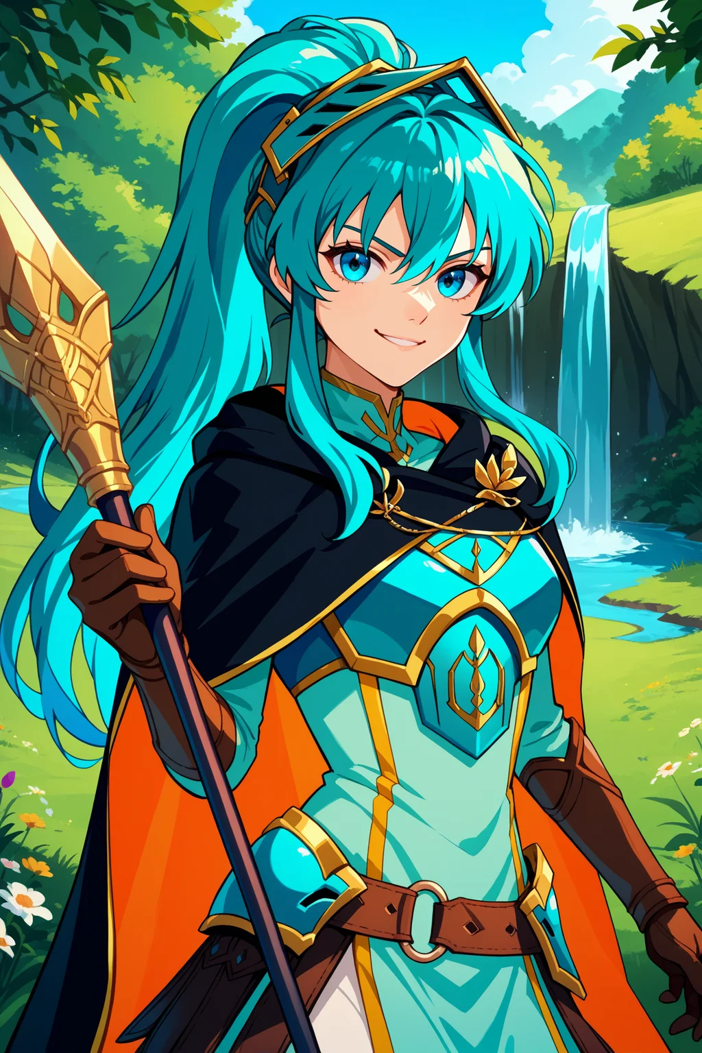 score_9, score_8_up, score_7_up, score_6_up, source_anime, 1girl, solo <lora:braveeirika-pdxl-nvwls-v1-000005:1> brvEir, cyan hair, high ponytail, hair between eyes, armored visor, cyan armor, red and black cape, breastplate, cyan dress, belt, brown gloves, cyan greaves, smirk, waterfall, field, forest, looking at you, holding spear