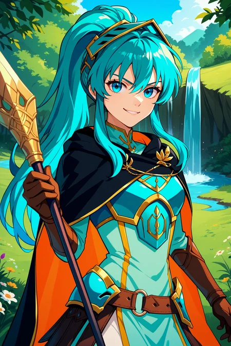 score_9, score_8_up, score_7_up, score_6_up, source_anime, 1girl, solo <lora:braveeirika-pdxl-nvwls-v1-000005:1> brvEir, cyan hair, high ponytail, hair between eyes, armored visor, cyan armor, red and black cape, breastplate, cyan dress, belt, brown gloves, cyan greaves, smirk, waterfall, field, forest, looking at you, holding spear