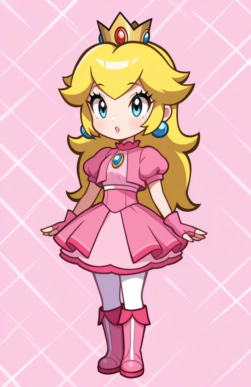 1girl, solo, full body,
Princess Peach, blonde hair, long hair, idol outfit, crop jacket, high waist skirt, pantyhose, boots, fingerless gloves,
<lora:ShantaeChibi:0.9> shntchibi, petite, chibi, extremely detailed, highres, masterpiece, best quality
