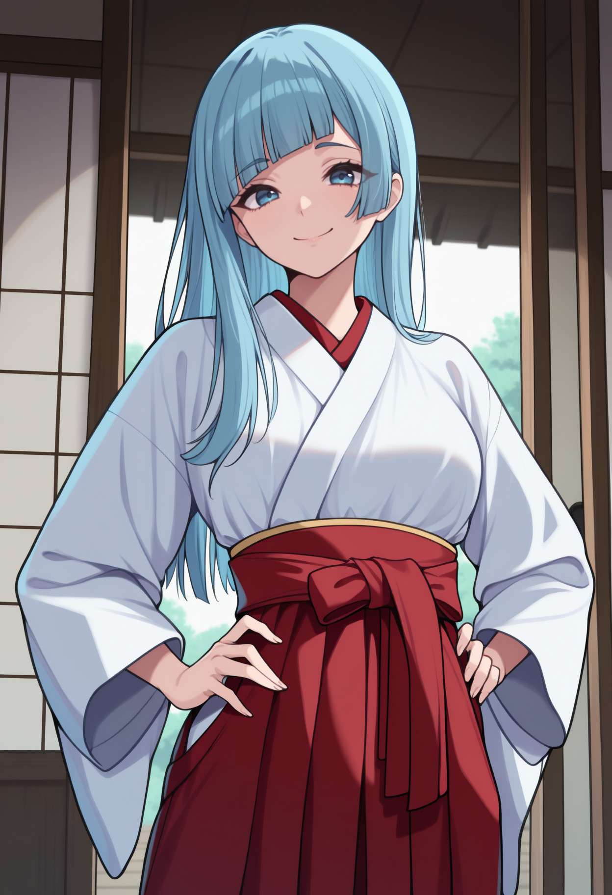 masterpiece, best quality, newest, anime, solo, 1girl, m1wa, smile, looking at viewer, hands on own hips, long hair, blue hair, straight hair, blunt bangs, diagonal bangs, blue eyes, japanese clothes, white kimono, red hakama, hakama skirt, indoors, east asian architecture, sliding doors
<segment:yolo-Anzhc Face seg 640 v2 y8n.pt,0.4,0.5//cid=1>