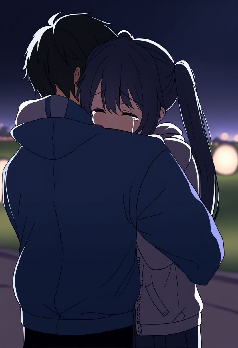 park background, two people, teenage girl ((long indigo twintails)), jacket, best quality, blurred background, eyes closed, teenage boy, short black hair, hugging, crying, nighttime, dim lighting