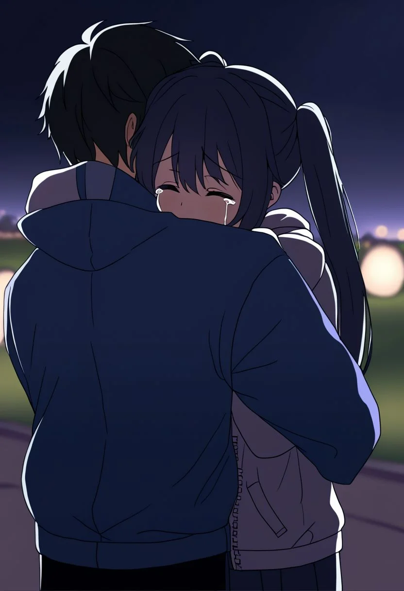 park background, two people, teenage girl ((long indigo twintails)), jacket, best quality, blurred background, eyes closed, teenage boy, short black hair, hugging, crying, nighttime, dim lighting