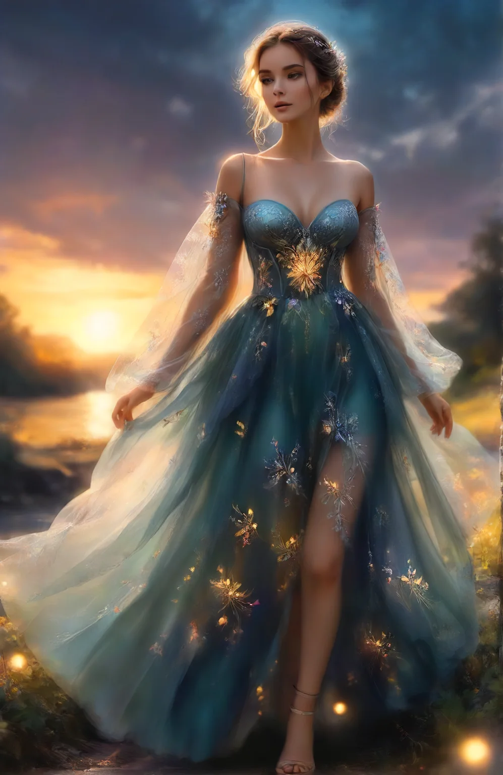 digital art of a woman in mini fantasy dress, walking in the evening sun<lora:dress:1>