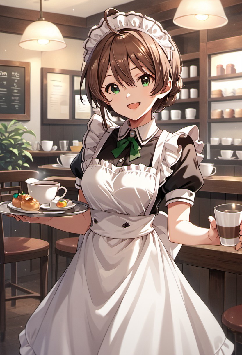 score_9, score_8_up, score_7_up, source_anime, sakuramori kaori, green eyes, brown hair, ahoge, 1girl, solo, maid, maid headdress, apron, smile, cup, cafe, tray, open mouth,  looking at viewer