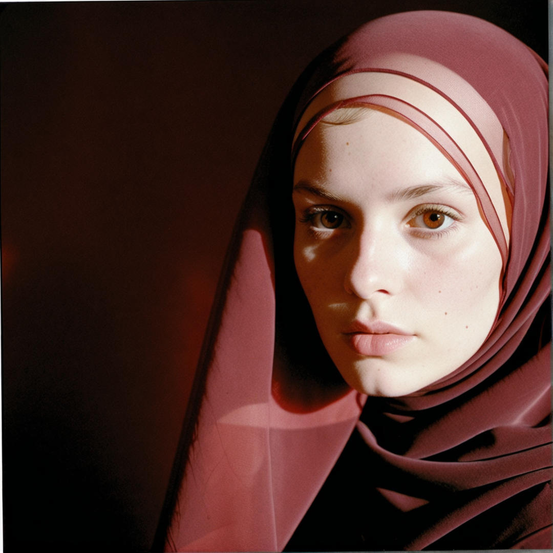 lambent, professional photography, portrait, veiled maroon appointment, new realism, Elaborate, shot on film, Kodak camera
