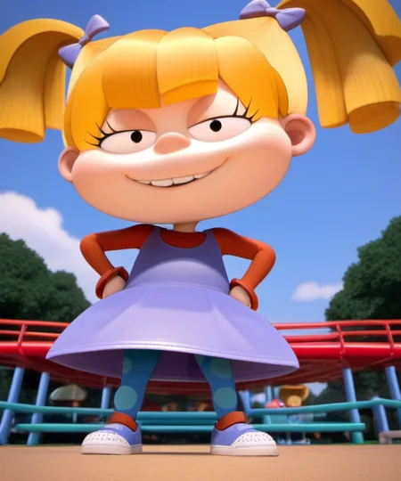 1girl, ang2021, official style, looking at viewer, standing over viewer, child, blonde hair, twintails, dress, bow, hands on hips, smug, from below, hair bow, short twintails, pantyhose, park playground, <lora:ang2021>,