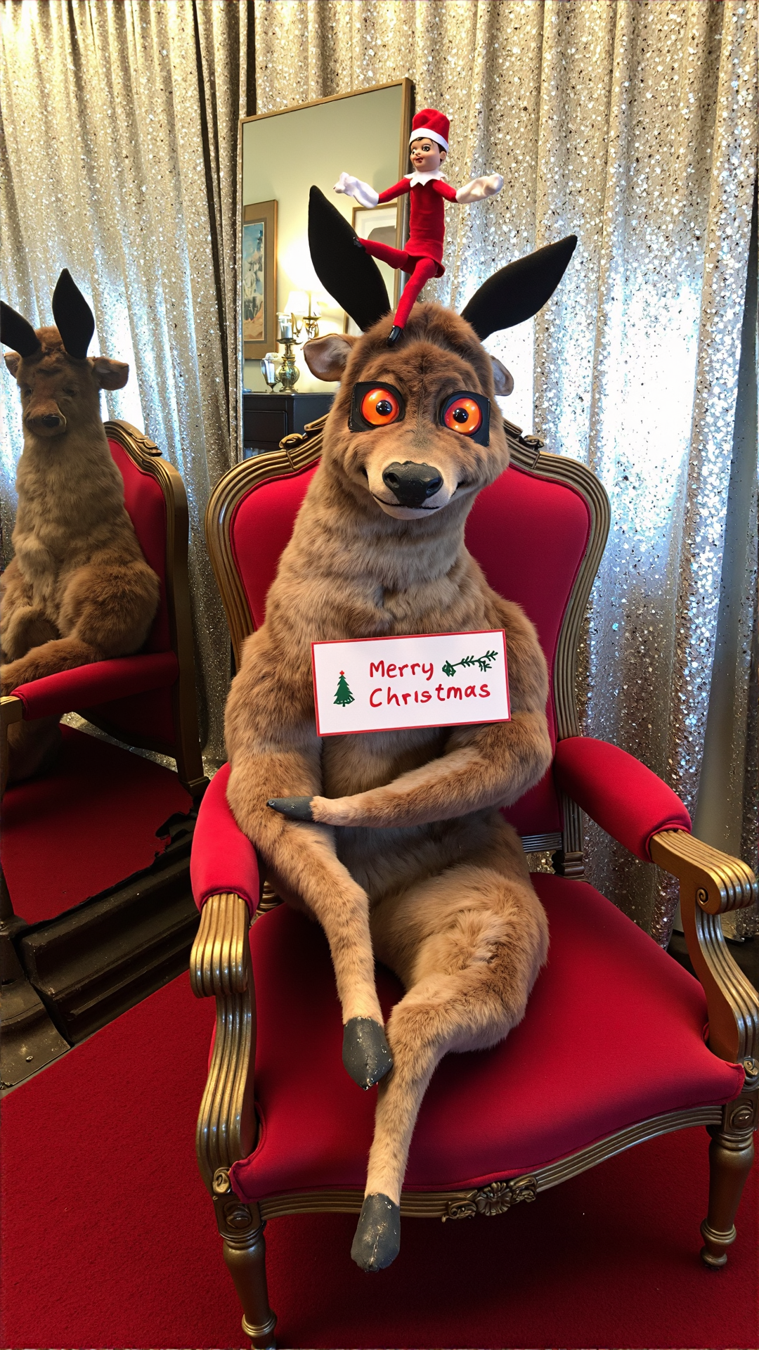 A photo of a badtxdrmy, bad taxidermy, A poorly taxidermied reindeer named "Rudy" sits awkwardly on a velvet throne in a gaudy, mirrored ballroom, surrounded by faded sequined curtains and a chandelier that looks like it hasn't been dusted in years. Rudy's ears are mismatched, with one pointing towards the ceiling and the other sagging down towards the floor. His glassy eyes stare in opposite directions, and his fur is matted and stained. A wonky, hand-painted "Merry Christmas" sign hangs above his head, and a miniature elf figurine perches on his shoulder, giving a thumbs up to the viewer.<lora:BadTaxidermiFlux:1>