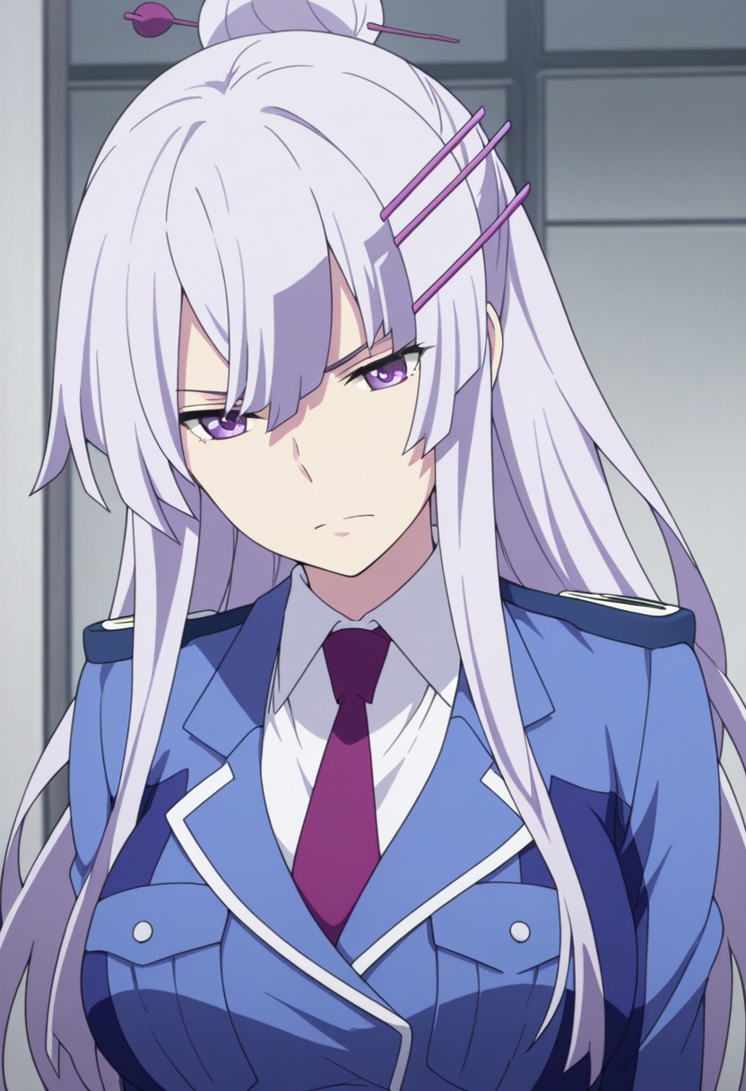 masterpiece,best quality,amazing quality, source_anime, 
Froleytia, 1girl, solo, purple eyes, purple hair, long hair, hair ornament, single hair bun, hair stick, uniform, shirt, white shirt, collared shirt, necktie, purple necktie, jacket, blue jacket, 
indoor,