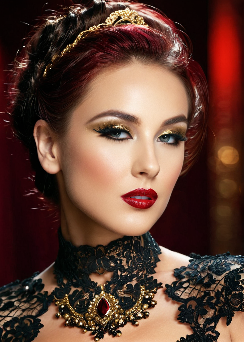 glamorous photo of a captivating masterpiece of an woman, half body, The intricate lace and gold details exude a very rebellious aura. ((The use of high-shine gloss adds a touch of glamour to the look)), ((while the deep red and black hues give it a dramatic vibe)), blurred background, studio ligthing, facing camera, shallow depth of field, <lora:MS_DaniWoodward_V1_SDXL:0.8>, high fashion, luxurious, extravagant, stylish, sensual, opulent, elegance, stunning beauty, professional, high contrast, detailed