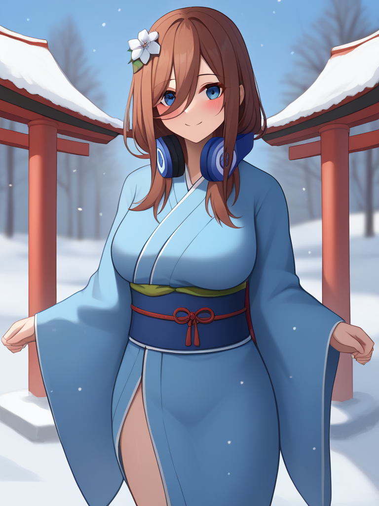 score_9,score_8_up,score_7_up,<lora:go-toubun_no_hanayome_5girl:1>,omikuji,smile,absurdres,headphones_around_neck,looking_at_viewer,hair_flower,snow,shrine,torii,nakano_miku,blush,obi,cowboy_shot,1girl,solo,highres,wide_sleeves,blue_kimono,