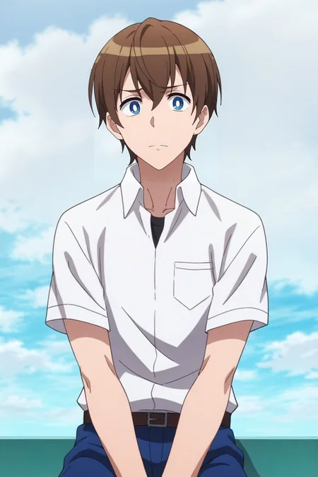 score_9, score_8_up, score_7_up, source_anime, rating_safe, intricate details, anime screencap, anime coloring, , , depth of field, 1boy, solo, male focus, <lora:masato_oosuki_pony:0.74>, masato_oosuki, brown hair, blue eyes, short hair, bangs, hair between eyes, bright pupils, white pupils, wide angle, wide shot, cowboy shot, heaven, clouds, light, sitting, nervous, , <lora:sdxl_lightning_8step_lora:1>