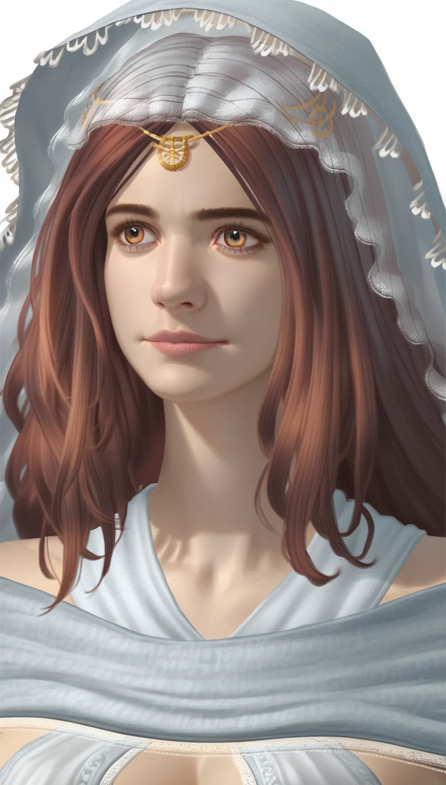 score_9,score_8_up,score_7_up,
<lora:Gwynevere:1>,
highres,photorealism,
dsgwynevere,
1girl,solo,brown red hair,long hair,parted bangs,yellow eyes,white hood with lace,gold headpiece with a central gemstone,white short cape,white wrap top,portrait,white background,