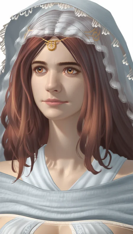 score_9,score_8_up,score_7_up,
<lora:Gwynevere:1>,
highres,photorealism,
dsgwynevere,
1girl,solo,brown red hair,long hair,parted bangs,yellow eyes,white hood with lace,gold headpiece with a central gemstone,white short cape,white wrap top,portrait,white background,