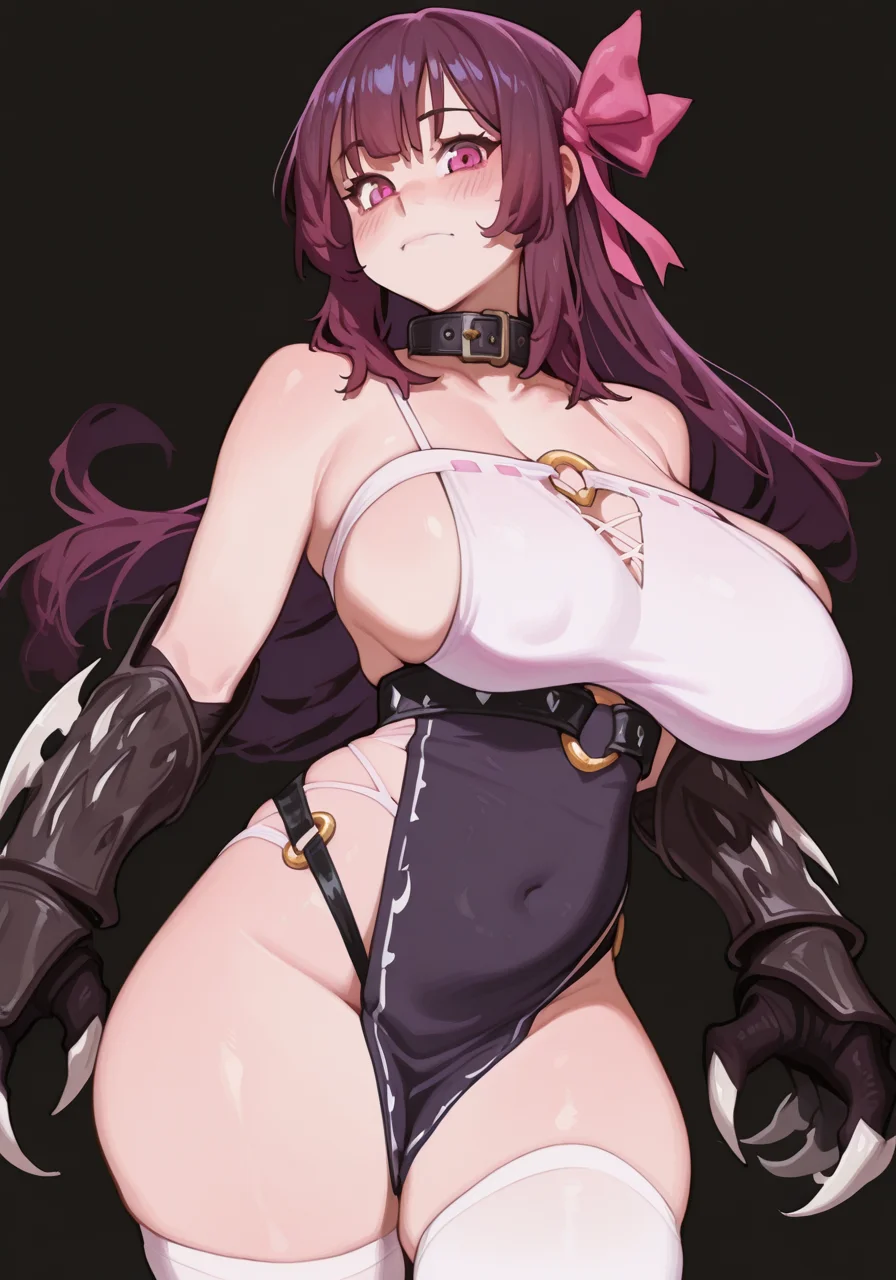 1girl, bare shoulders, belt collar, black background, blush, breasts, claw (weapon), claws, closed mouth, collar, collarbone, covered navel, hair ribbon, huge breasts, long hair, looking at viewer, o-ring, o-ring top, pink eyes, pink ribbon, purple hair, revealing clothes, ribbon, sideboob, sideless outfit, simple background, solo, thighhighs, weapon, white collar, white thighhighs, BREAK character_concept, cowboy_shot, (dutch_angle:1.25), <lora:Maiz_IL_Style_epoch_7:1> M41z, painterly, <lora:illustrious_quality_modifiers_masterpieces_v1:1> masterpiece, very aesthetic, absurdres