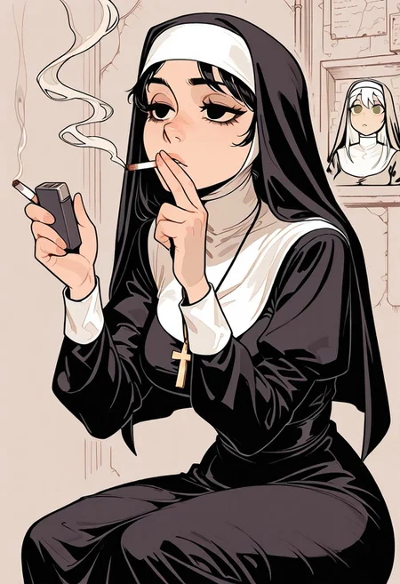 score_9, score_8_up, score_7_up, masterpiece, best quality, very aesthetic, detailed face, (dynamic:1.1), incoth, (incase:0.6), partial illumination, thick linework, illustration, The image features a nun wearing Jedn, nun outfit, empty eyes, cross necklace, habit, modest dress, holding cigarette stick out her mouth, right hand using zippo lighter, suggesting an elegant vibe. The background is soft and muted, featuring street alley, which gives the image a dreamlike quality. The overall mood combines elegance with a hint of whimsy.