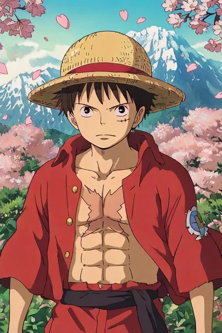 score_9, score_8_up, score_7_up, score_6_up, score_5_up, score_4_up,  <lora:LUFFY_pony_XL:0.8>, Luffy,  red jacket, scar on chest, straw hat, black hair, <lora:ghibli_style_illustriousXL:1>, 1boy, looking at the viewer, ghibli_style, solo, alone, masterpiece, highres,  mount fuji background, cherry blossoms, petals, falling petals, sun