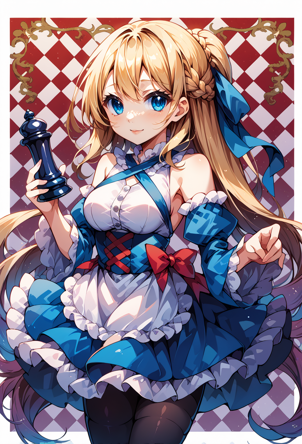 score_9, score_7_up, source_anime, BREAK   <lora:kamiya_yuu-Style-PonyXL-GLoRA:0.75> light smile, standing, holding chess piece, checkered background,, <lora:mxmarina:1> mxmarina, french braid, half updo, Hair ribbon, frilled choker, criss-cross halter, sleeveless dress, high-waist skirt, backless dress, blue dress, waist blue bow, detached sleeves, frilled sleeves, wide sleeves, blue sleeves, black pantyhose, patterned legwear, pinstripe pantyhose, mary janes,