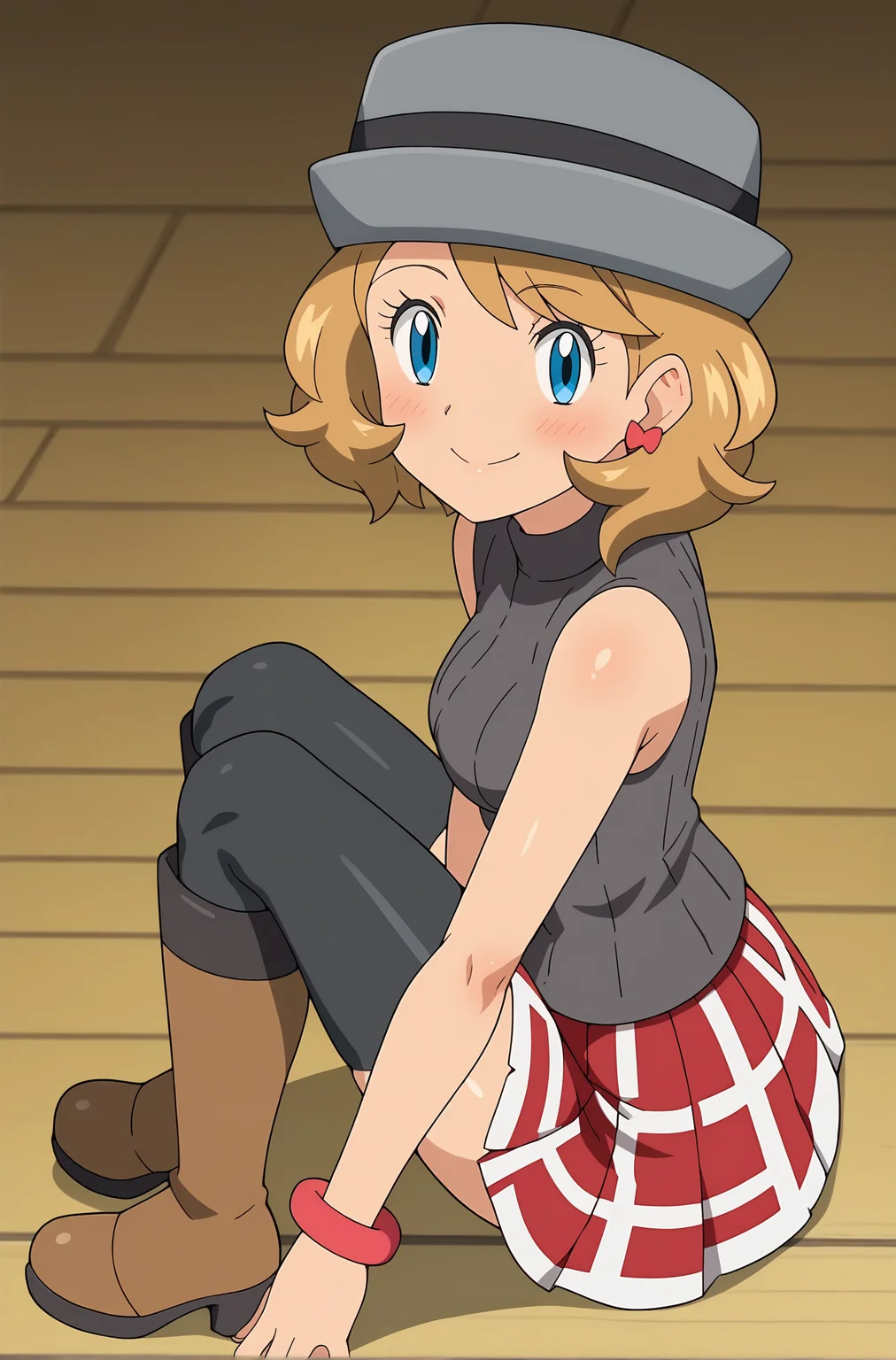 score_9, score_8_up, score_7_up, source anime, anime, animification, anime screencap, anime coloring, vivid colors, shiny skin, skindentation, deep skin, depth of field, high quality, highres, (dynamic angle,dynamic pose),
serenaj, 1girl, solo, looking at viewer, blush, smile, short hair, blue eyes, skirt, blonde hair, thighhighs, hat, jewelry, sitting, closed mouth, heart, pleated skirt, earrings, boots, sleeveless, shiny, black thighhighs, bracelet, from side, bare arms, eyelashes, red skirt, turtleneck, brown footwear, sweater vest, sleeveless turtleneck, grey headwear, serena \(pokemon\)
BREAK
masterpiece, high quality
<lora:Serena_Journeys:0.9>