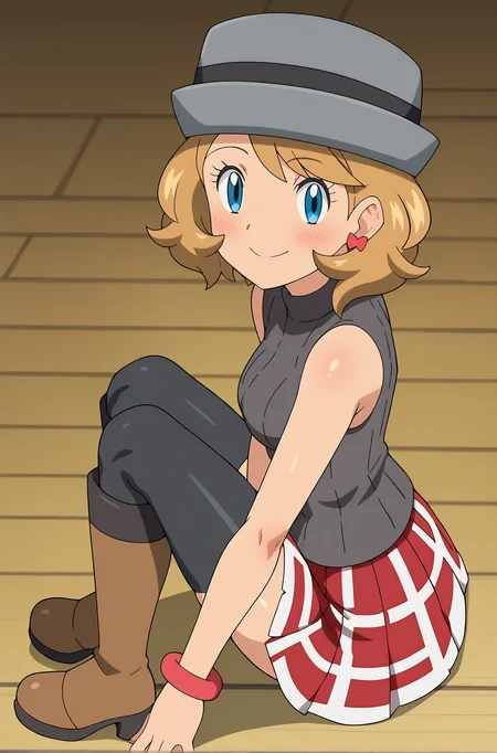 score_9, score_8_up, score_7_up, source anime, anime, animification, anime screencap, anime coloring, vivid colors, shiny skin, skindentation, deep skin, depth of field, high quality, highres, (dynamic angle,dynamic pose),
serenaj, 1girl, solo, looking at viewer, blush, smile, short hair, blue eyes, skirt, blonde hair, thighhighs, hat, jewelry, sitting, closed mouth, heart, pleated skirt, earrings, boots, sleeveless, shiny, black thighhighs, bracelet, from side, bare arms, eyelashes, red skirt, turtleneck, brown footwear, sweater vest, sleeveless turtleneck, grey headwear, serena \(pokemon\)
BREAK
masterpiece, high quality
<lora:Serena_Journeys:0.9>