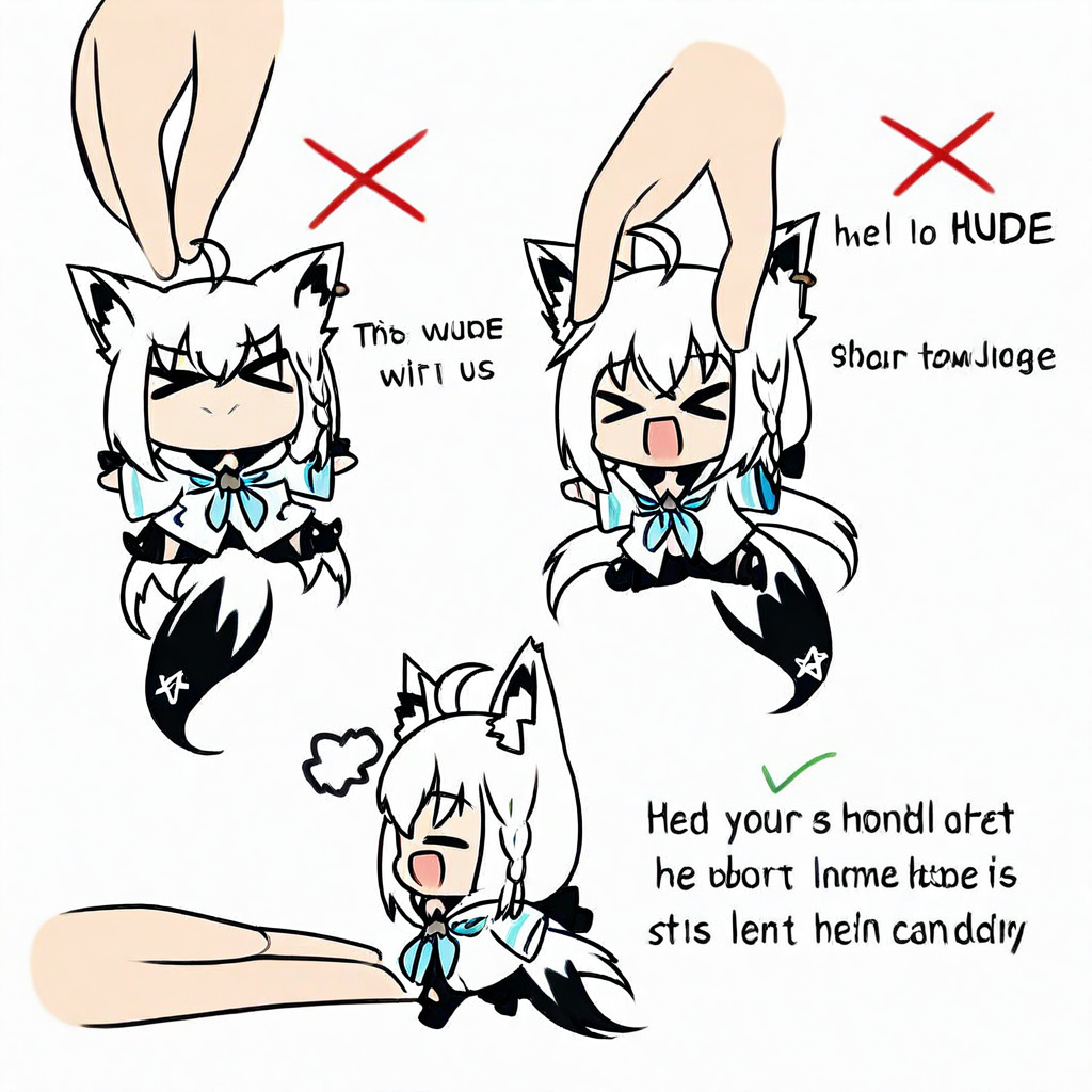 howtoholdx, chibi, multiple views, 1girl, mini person, closed eyes, ahoge, shirakami fubuki, fox ears, animal ear fluff, fox tail, x, white background, simple background, lifting person, open mouth, > <, >o<, smile, english text, disembodied limb,