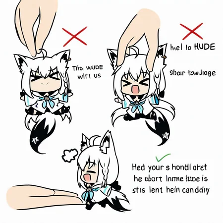 howtoholdx, chibi, multiple views, 1girl, mini person, closed eyes, ahoge, shirakami fubuki, fox ears, animal ear fluff, fox tail, x, white background, simple background, lifting person, open mouth, > <, >o<, smile, english text, disembodied limb,