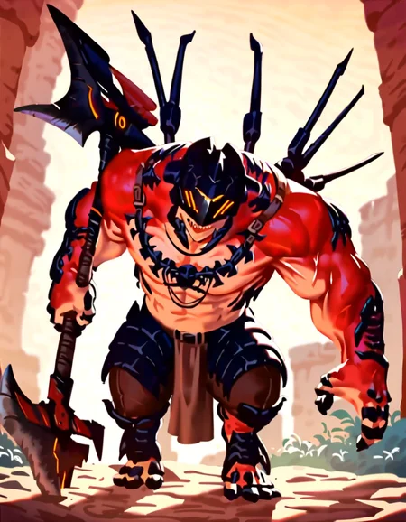 anime artwork score_9, score_8_up, score_7_up, best quality, high quality, highly detailed, cel shading, source_cartoon, <lora:Smooth Style LoRA XL:0.6> drakahlcru, sharp teeth, metallic helmet, orange eyes, muscular humanoid, dark red fleshy skin, holding weapon<lora:Drakahl_Crucible:0.8> detailed background