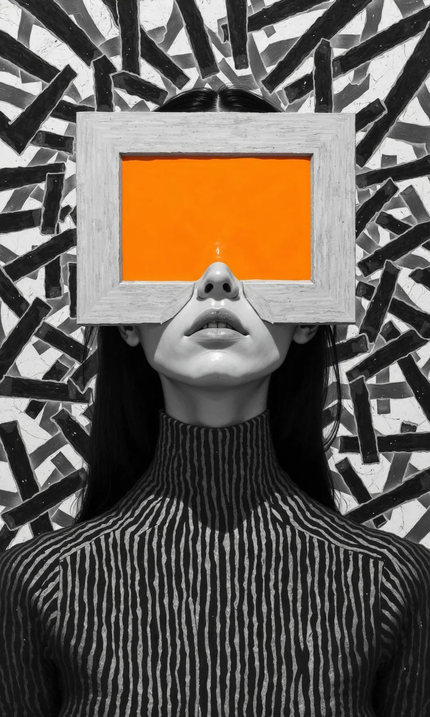 Close-up black and white portrait of a woman.
The woman's face and upper torso are the focal point. Her face is obscured by a rectangular, light gray frame with a bright, solid orange/yellowish-orange rectangle/screen-like area obscuring her eyes.
Her neck and upper torso are rendered with a series of vertical, highly stylized, almost 3D-looking, black and white stripes. The stripes create a sense of depth and texture, giving the impression of flowing lines.
The background is a complex pattern of black and white intersecting, zigzagging, or diagonal lines, which create an optical illusion or maze effect. The pattern of the background is in harmony with the stripes of the woman.
The overall impression is of a futuristic, abstract, and potentially conceptual art piece, with a strong emphasis on geometric forms and graphic design principles. The dark and light contrasts, along with the unusual framing of the subject's face, draw attention to the image's theme., <lora:FLUX-daubrez-DB4RZ-v2:1> DB4RZ, DB4RZ style painting