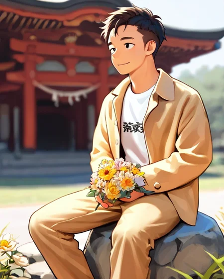 masterpiece, best quality, amazing quality, 1boy, solo, masterpiece, best quality, young man sitting on a rock, relaxed posture, casual outfit (beige jacket, white t-shirt, beige trousers), short dark hair, holding a small bouquet of flowers, slight smile, looking at the camera, outdoor setting, blurred background with architecture, candid lifestyle photography, shallow depth of field, bright and even lighting, sunny day, volumetric lighting, breeze style, <lora:BreeStyleWv1:1>