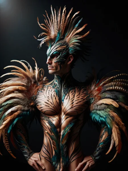 ral-feathercoat, a man with a bodysuit with feathers <lora:ral-feathercoat-sdxl:1> black background, dim warm backlight, ring light