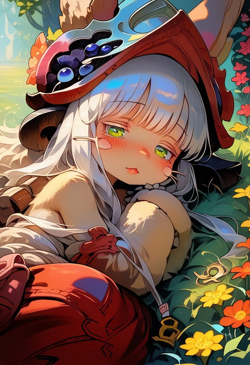 score_9, score_8_up, score_7_up, source_cartoon, 1girl, nanachi, \(made in abyss\)/,(ultra HD quality details), green eyes, white hair, furry, animal ears, tail, sidelocks, solo, adorable nanachi, sleeping on a flower, sleeping, (tiny size, sleeping:1.2), blushing, moaning, (puffy pants, helmet, long hair, ears through headwear:1.1), colorful detailed flower background, (detailed image, high resolution, 5k resolution:1.0), Expressiveh,