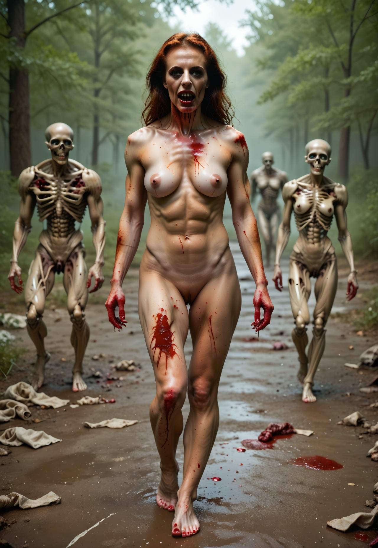 safe_pos, pale, tattered outfit, rotten, skeletal, photo score_9_up score_8_up score_7_up action scene movie stil zombies  murder gore, killed cannibals ,woman, , men ,happy to die, , 4girl  nude blood realistic dirty walking barefoot medium breasts nude nsfw blood undead ghouls, zombies ,living dead, detailed, huge breasts ,blood and guts and innards ,realistic ,nsfw, best quality,masterpiece ,4k uncensored, prefect lighting, rating_explicit, groups on blood undead hoards in background