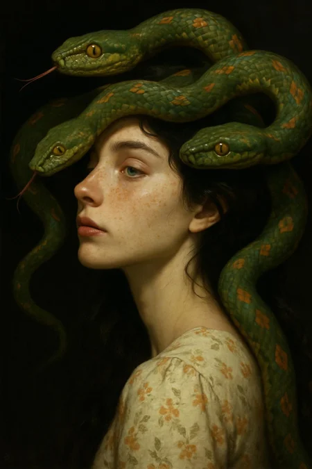 side view, head tilted, a highly detailed digital painting of a young woman with fair skin and freckles, featuring a strikingly realistic style. She has long, dark, wavy hair and expressive green eyes. Her lips are full and slightly parted, giving her a serene yet enigmatic expression. Surrounding her head are three large, green snakes with orange spots, their forked tongues extended as if they are about to taste the air. The snakes' scales are intricately detailed, adding texture to the image. The woman is wearing a light-colored, floral-patterned dress that contrasts with the dark, almost black background. The camera angle is a close-up, focusing on her face and the upper part of her body, with the snakes coiled around her head and shoulders. The lighting highlights her smooth skin and the glossy texture of the snakes' scales, creating a dramatic and slightly surreal atmosphere.